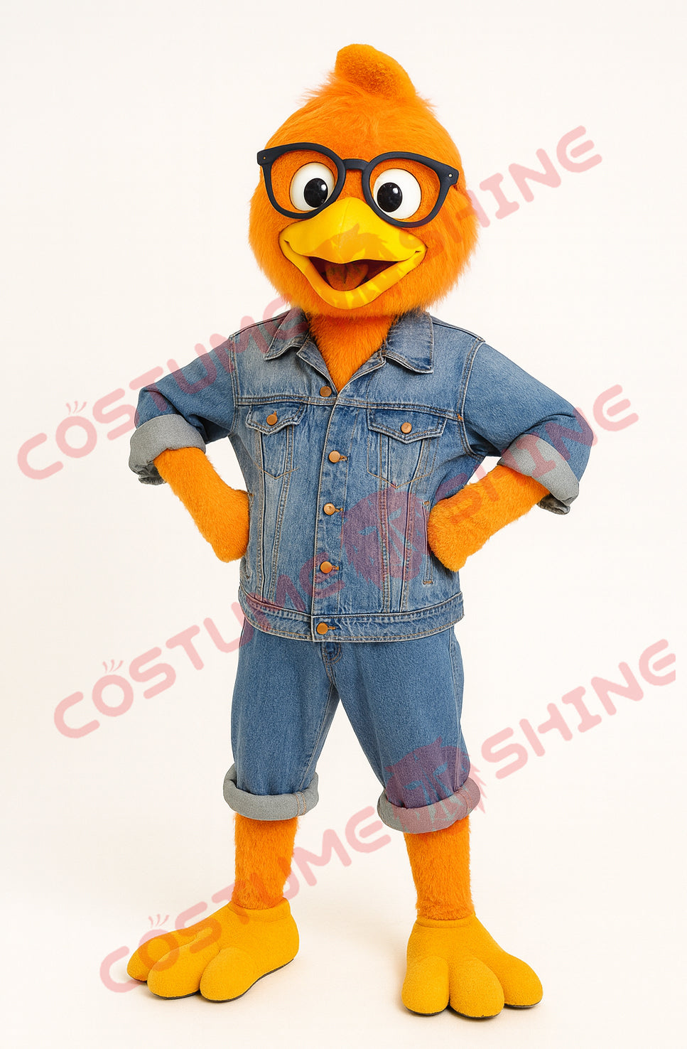 Orange Chicken Mascot Costume for Adults in Denim Outfit Plush Suit