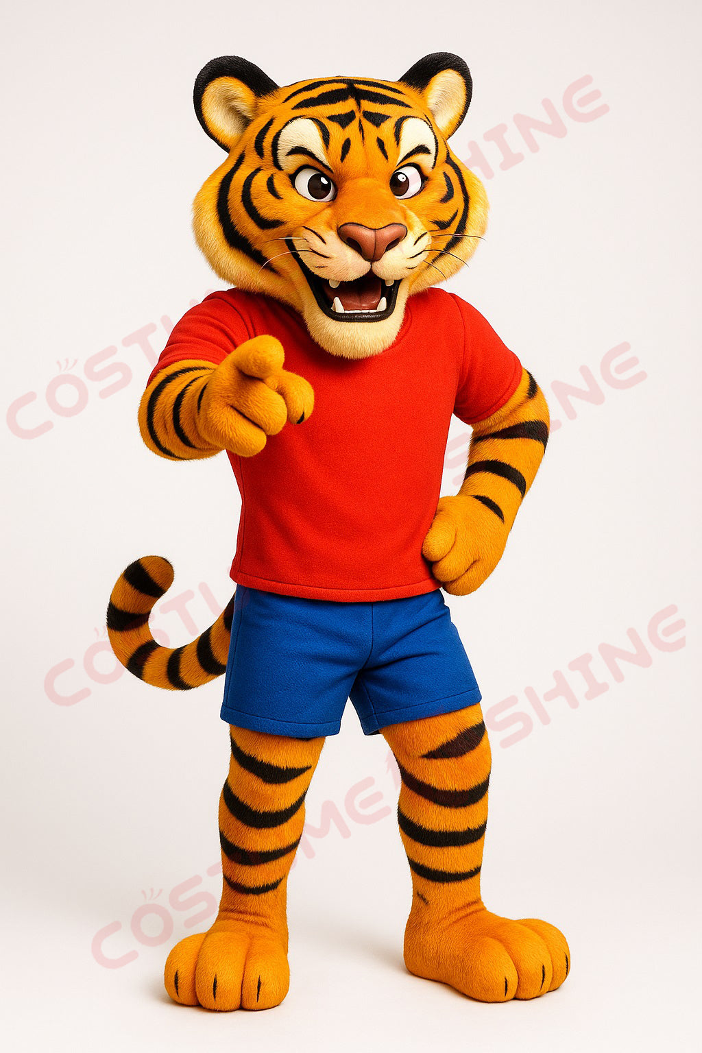 Energetic Orange Tiger Mascot Costume in Red Shirt and Blue Shorts – School Spirit Outfit