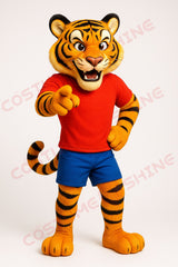 Energetic Orange Tiger Mascot Costume in Red Shirt and Blue Shorts – School Spirit Outfit