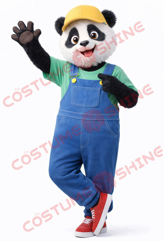 Panda Mascot Costume Adult Blue Overalls Casual Event Suit