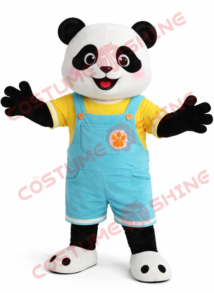 Panda Mascot Costume Adult Blue Overalls Cute Style