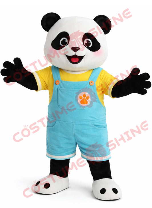 Panda Mascot Costume Adult Blue Overalls Cute Style