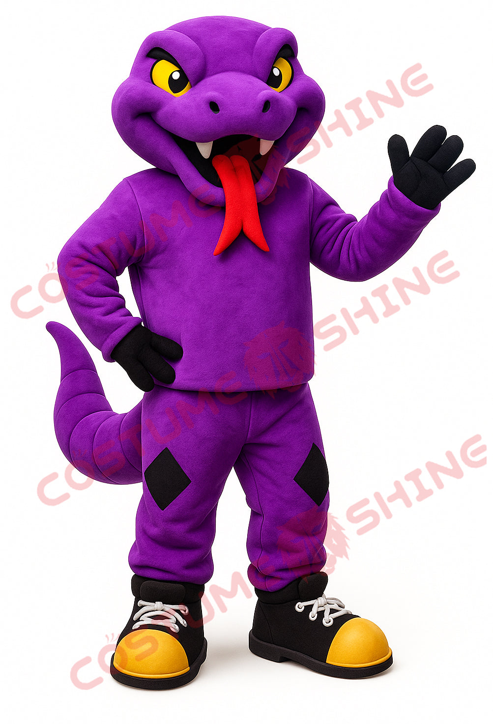 Purple Snake Mascot Costume with Red Tongue and Black Yellow Shoes