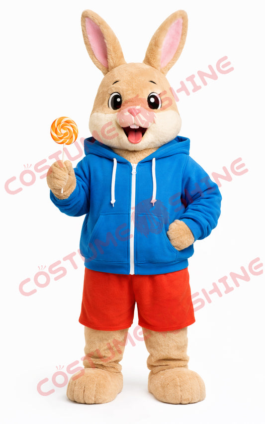 Adult Brown Rabbit Mascot Costume Blue Hoodie Red Shorts Outfit