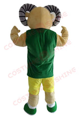 Ram Mascot Costume for Adults – Green and Yellow Sports Uniform with Horned Head