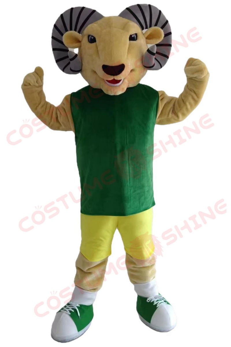 Ram Mascot Costume for Adults – Green and Yellow Sports Uniform with Horned Head