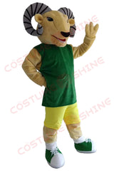 Ram Mascot Costume for Adults – Green and Yellow Sports Uniform with Horned Head