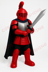 Red Knight Mascot Costume with Black Cape and Sword – Custom School Team Armor Plush Suit