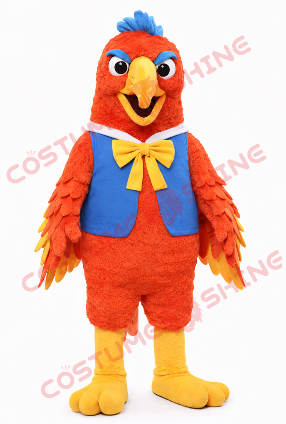 Red Parrot Mascot Costume Adult with Blue Vest and Yellow Bow Tie Outfit