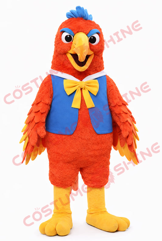 Red Parrot Mascot Costume Adult with Blue Vest and Yellow Bow Tie Outfit