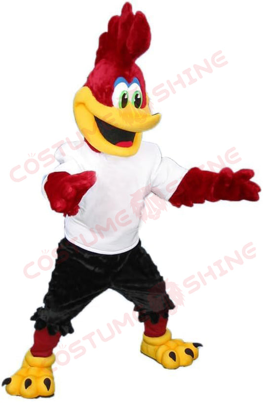 Red Roadrunner Mascot Costume for Adults – Bird Character with White Shirt & Black Shorts
