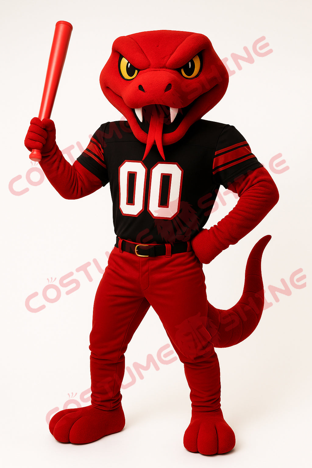 Red Snake Mascot Costume with Black Sports Uniform and Bat