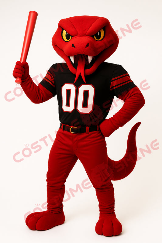 Red Snake Mascot Costume with Black Sports Uniform and Bat