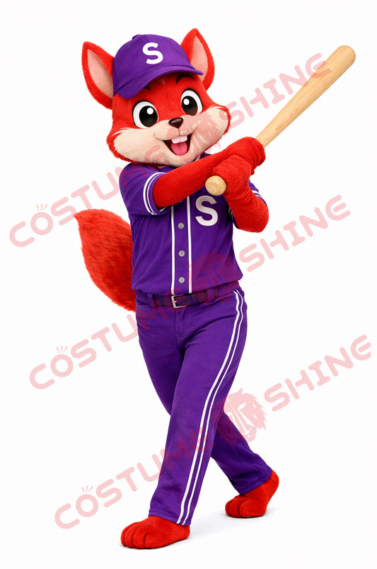 Red Squirrel Mascot Costume Adult Purple Baseball Uniform