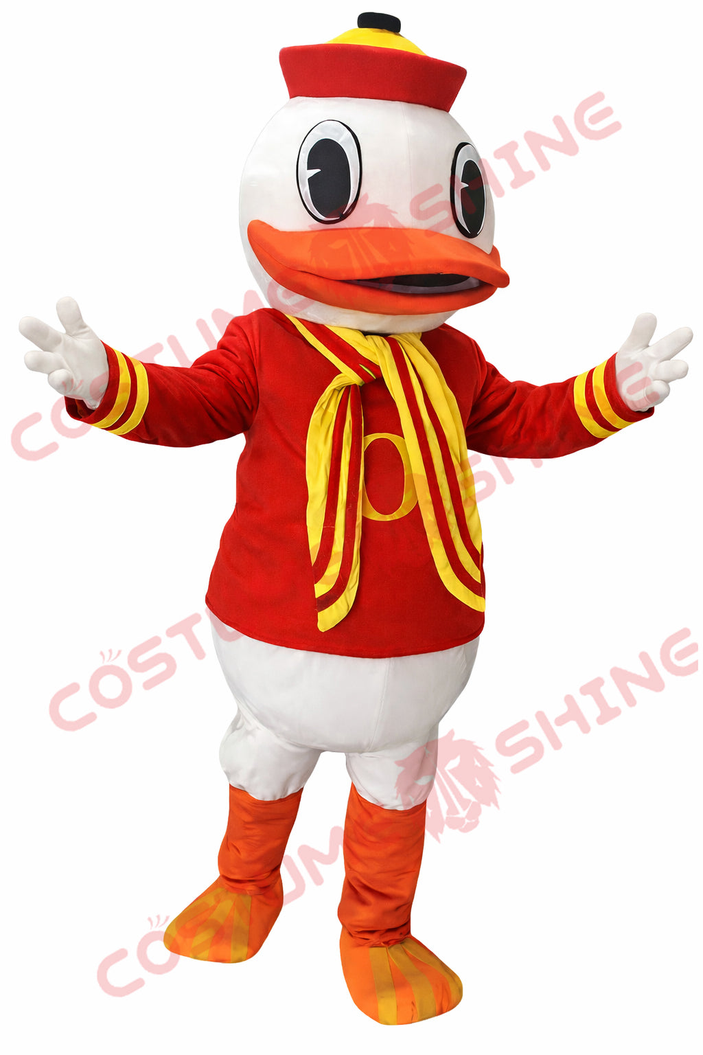 Red Uniform Duck Mascot Costume for Adults with Scarf Design