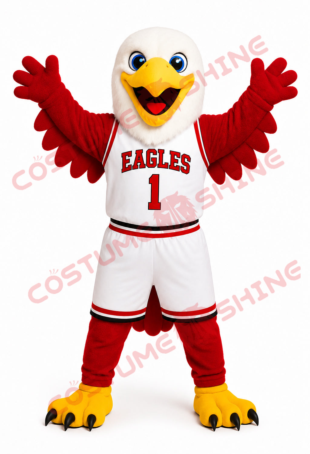 Red and White Eagle Mascot Costume – Custom Plush Bird Suit with Basketball Uniform