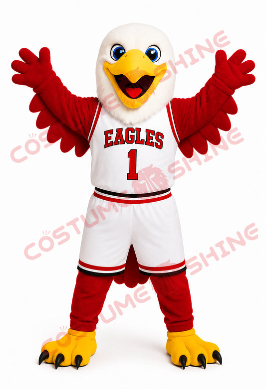Red and White Eagle Mascot Costume – Custom Plush Bird Suit with Basketball Uniform