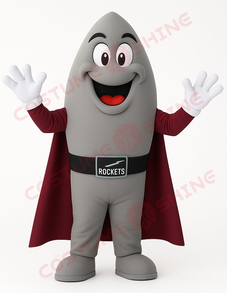 Custom Rocket Mascot Costume with Burgundy Cape – Gray Space-Themed Plush Suit for Events & Promotions