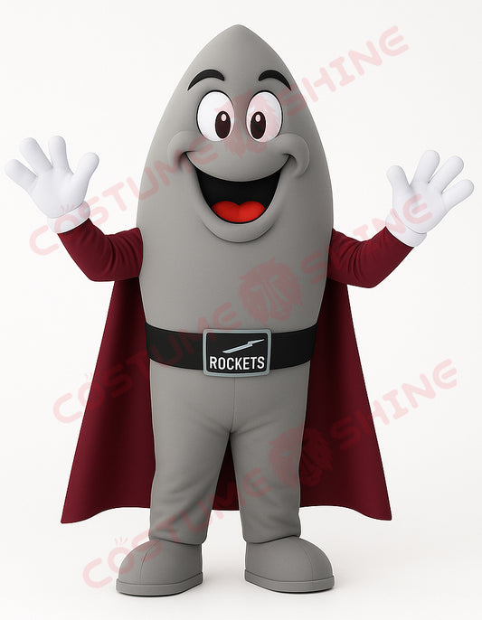 Custom Rocket Mascot Costume with Burgundy Cape – Gray Space-Themed Plush Suit for Events & Promotions