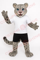Adorable Snow Leopard Mascot Costume in White T-Shirt and Black Shorts