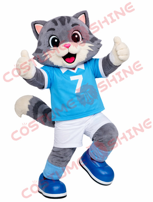 Blue Sports Cat Mascot Costume Adult Number 7 Team Character