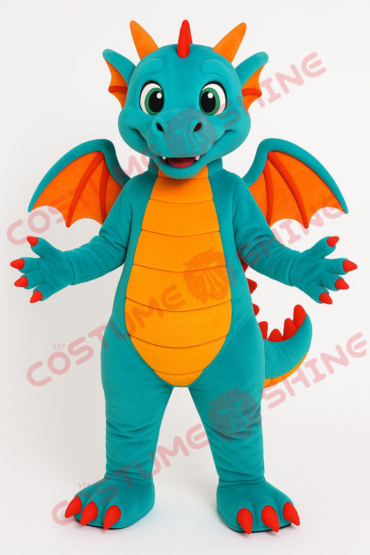 Teal Dragon Mascot Costume with Orange Belly and Wings – Custom Plush Suit for Events