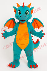 Teal Dragon Mascot Costume with Orange Belly and Wings – Custom Plush Suit for Events