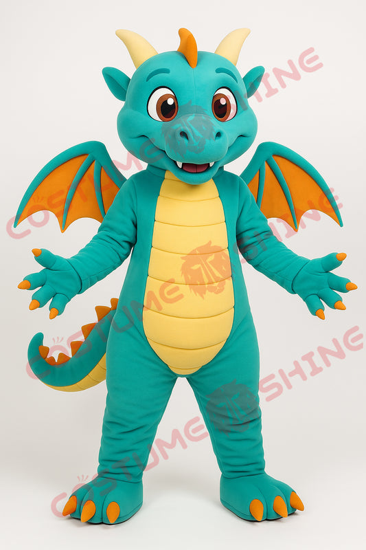 Teal Dragon Mascot Costume with Orange Wings – Custom Yellow Belly Plush Suit for Events