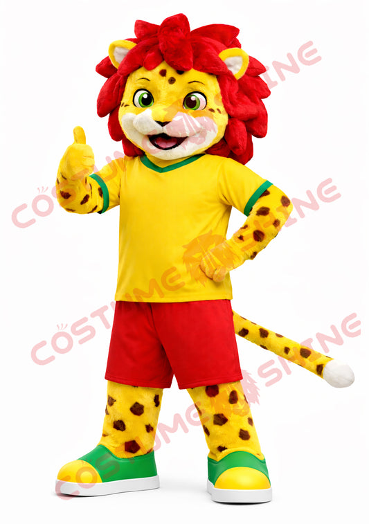 Sporty Tiger Mascot Costume Adult – Red Mane Yellow Outfit
