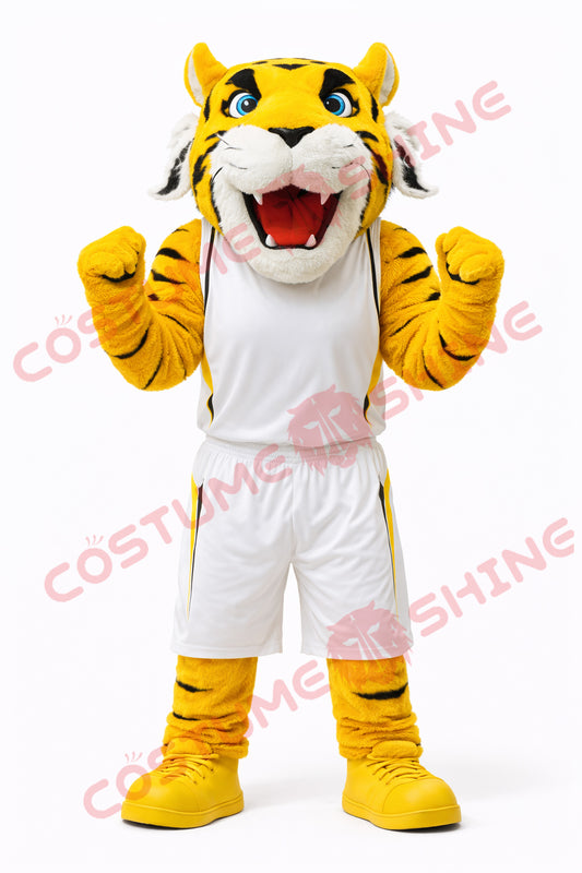 Adult Tiger Mascot Costume Yellow White Basketball Style
