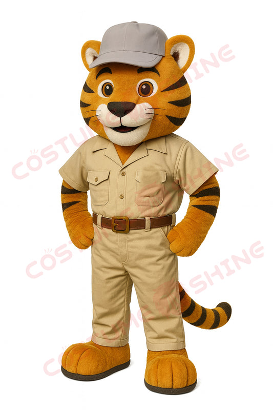 Tiger Mascot Costume for Adults in Ranger Uniform with Gray Cap