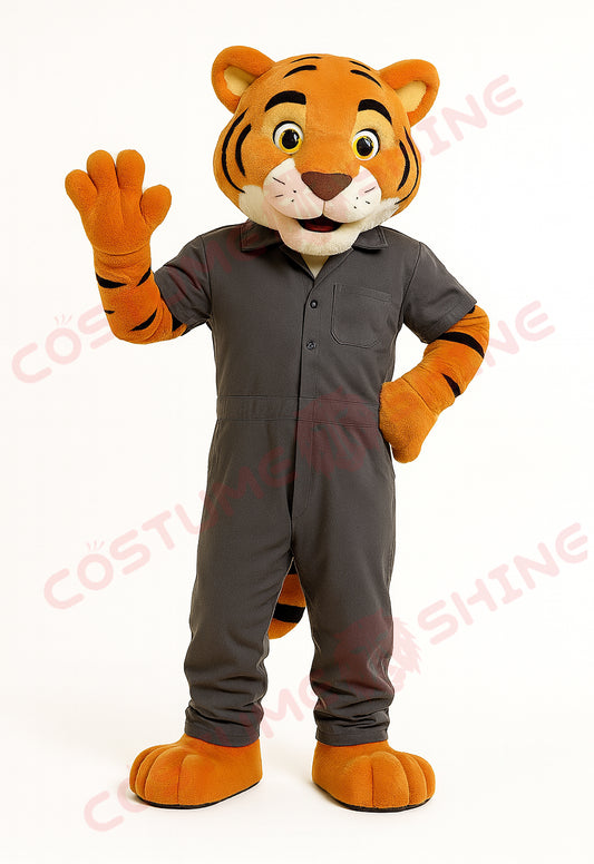 Tiger Mascot Costume in Gray Coverall – Custom Plush Animal Suit for School Events
