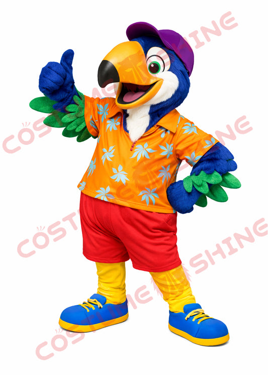 Tropical Parrot Mascot Costume Adult with Hawaiian Shirt and Cap