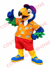 Tropical Parrot Mascot Costume Adult with Hawaiian Shirt and Cap