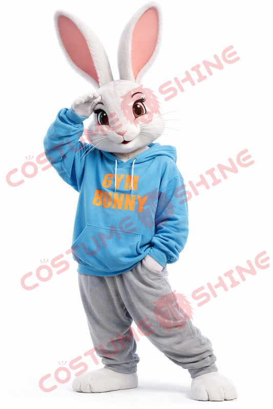 Adult White Rabbit Mascot Costume Blue Hoodie Gym Bunny Outfit