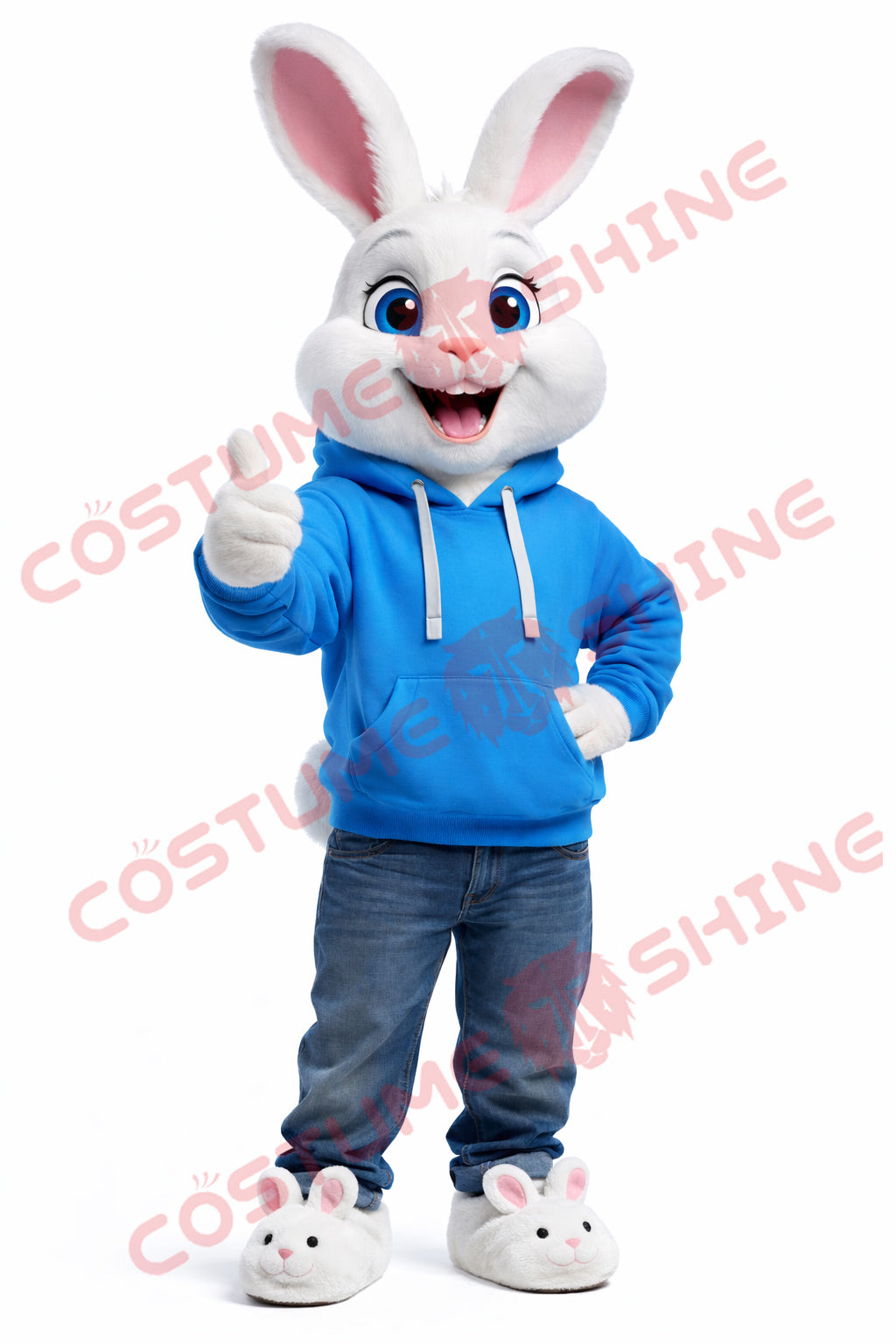 Adult White Rabbit Mascot Costume Blue Hoodie Casual Style