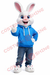Adult White Rabbit Mascot Costume Blue Hoodie Casual Style