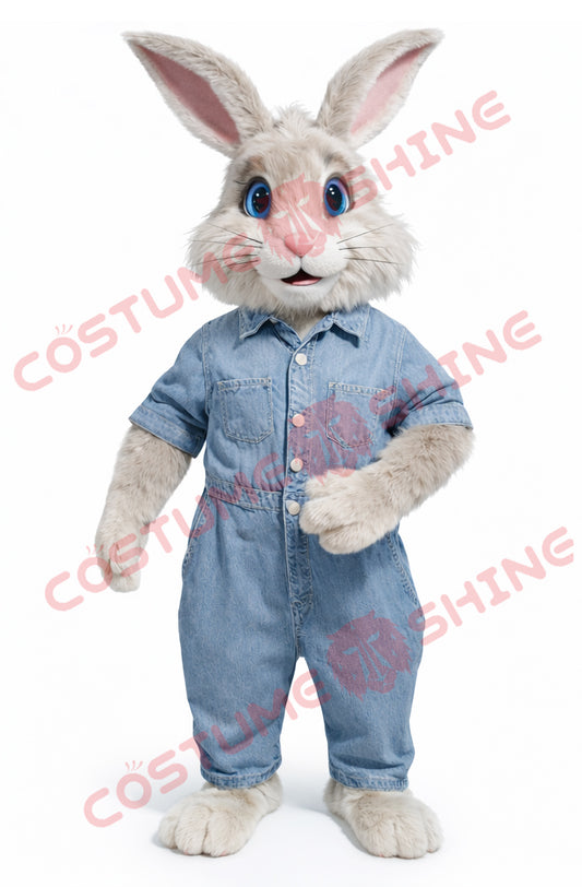 White Rabbit Mascot Costume Adult Plush Denim Overalls