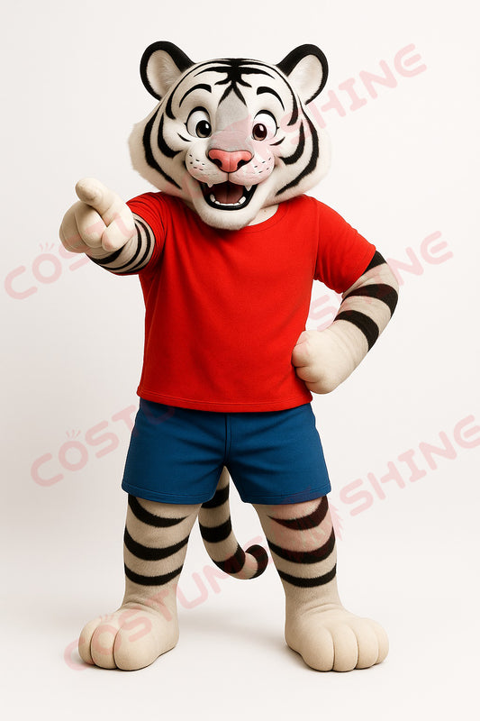 Striped White Tiger Mascot Costume – Cartoon Animal Character in Red T-Shirt & Blue Shorts