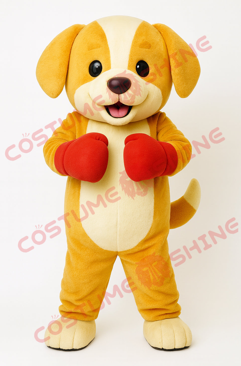 Yellow Dog Mascot Costume with Red Boxing Gloves – Plush Character Suit