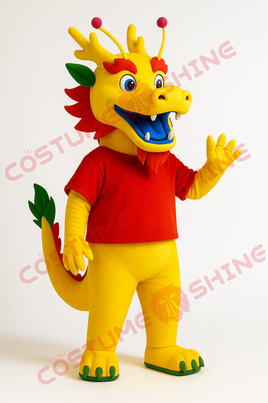 Yellow Dragon Mascot Costume – Cute Plush Dragon Suit with Red Shirt for Events