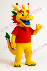 Yellow Dragon Mascot Costume – Cute Plush Dragon Suit with Red Shirt for Events
