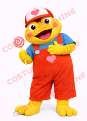 Yellow Frog Mascot Costume for Adults with Heart Overalls
