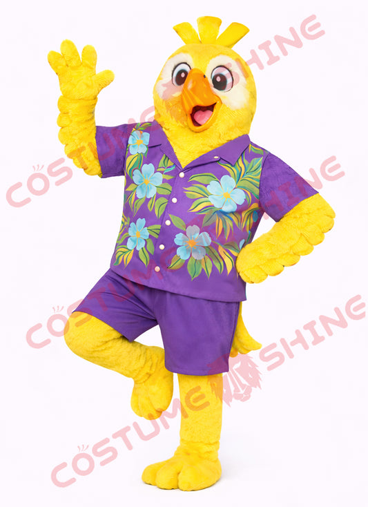 Yellow Parrot Mascot Costume with Purple Hawaiian Shirt Adult Performance Outfit