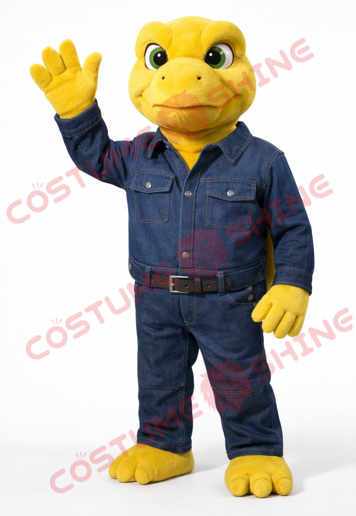 Yellow Turtle Mascot Costume with Blue Denim Overalls